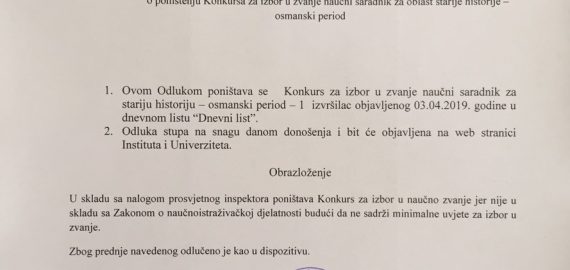 Poništenje konkursa za izbor u zvanje naučni saradnik za stariju historiju – osmanski period
