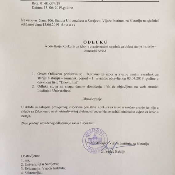 Poništenje konkursa za izbor u zvanje naučni saradnik za stariju historiju – osmanski period